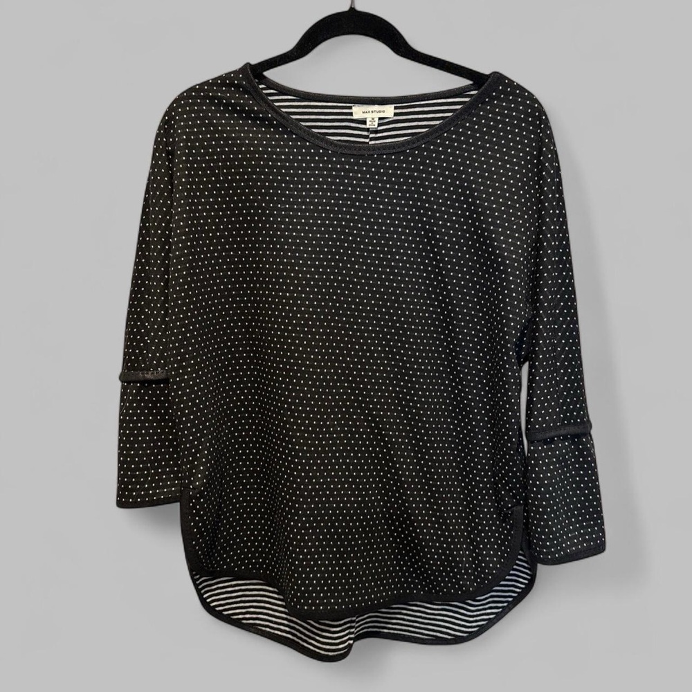 Max Studio Black and White Polka Dot 3/4 Sleeve Shirt Medium